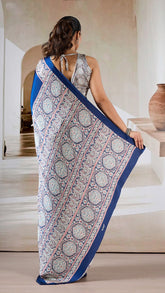 Blue Ajrakh Contemporary Satin Modal Silk Saree